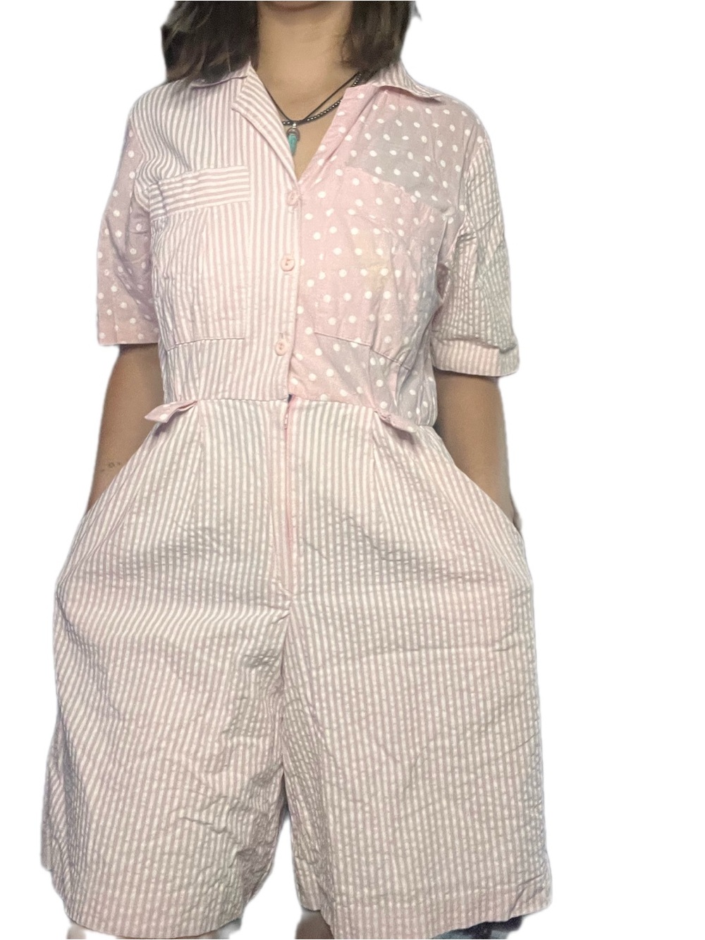 Vintage 80s Jordan Micheal’s Pink Seersucker Romper Size 4 | Short Sleeve Button